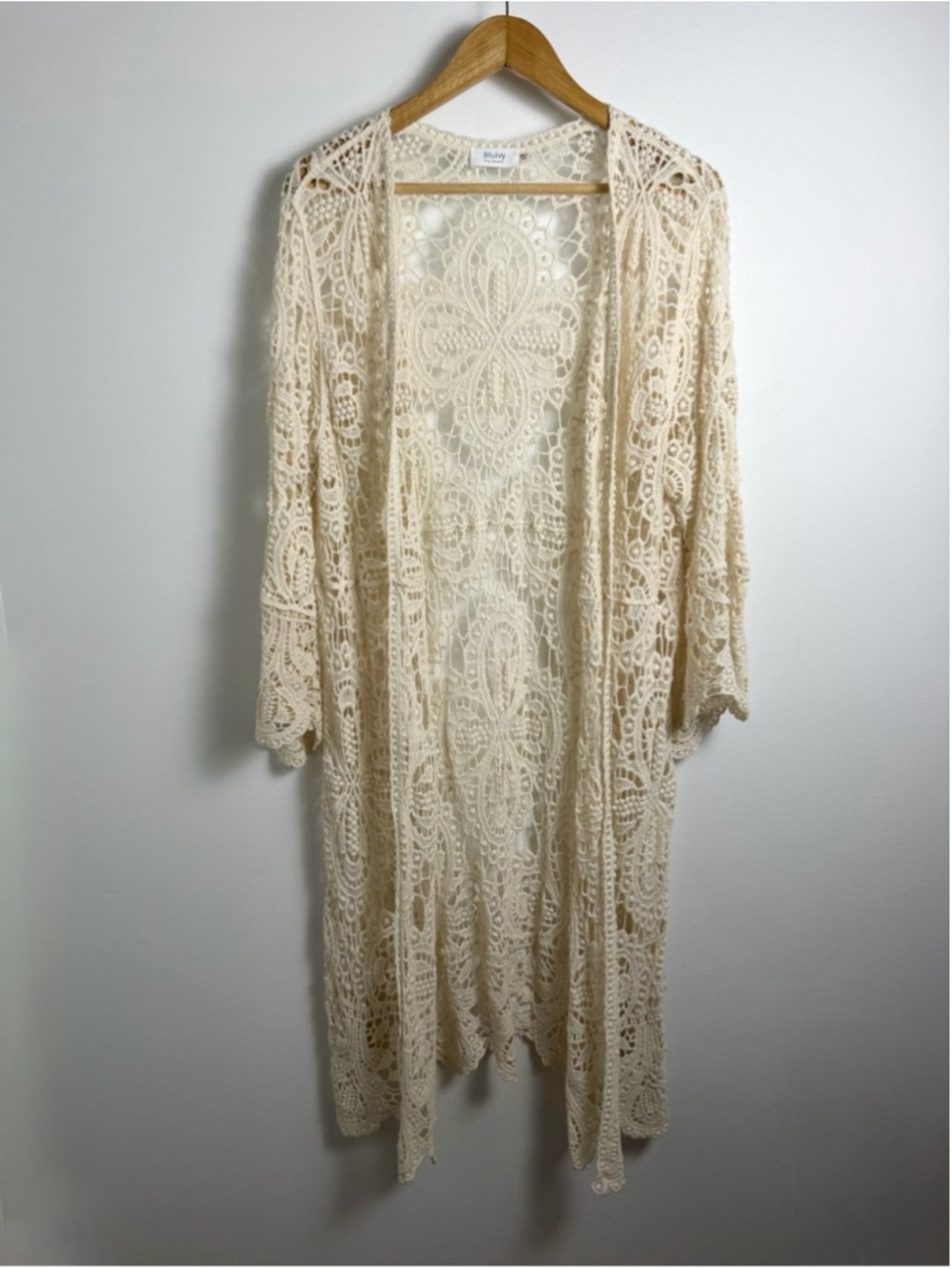 Cream Crochet Lace Maxi Duster Kimono Boho Cardigan L
